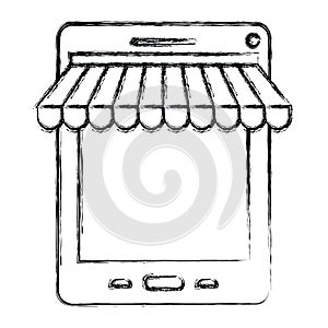 Monochrome blurred silhouette of tablet online store