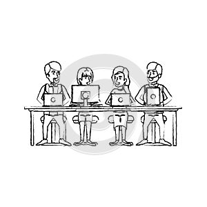 Monochrome blurred silhouette of teamwork of women and men sitting in desk with tech devices