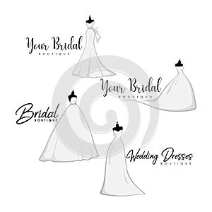 Monochrome Bridal Gowns Boutique Logo Ideas Set, Mannequin, Fashion, Beautiful Bride, Vector Design