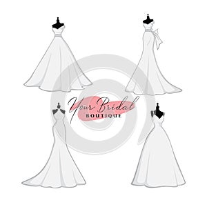 Monochrome Bridal Gowns Boutique Logo Ideas Set, Mannequin, Fashion, Beautiful Bride, Vector Design