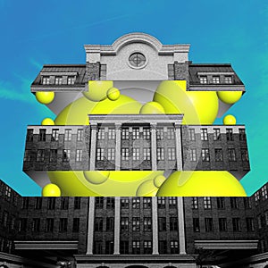 Monochrome building with abstract bright yellow sphere elements on blue background. Contemporary art collage.