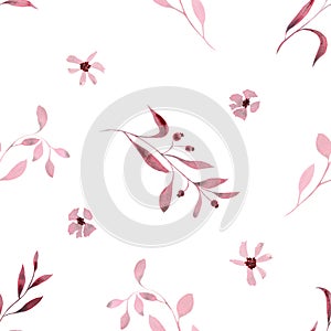 Monochrome burgundy twigs with leaves, berries and flowers. Seamless pattern on a white background. Hand drawn