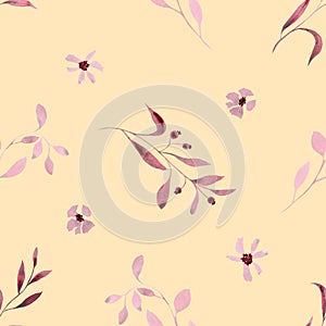 Monochrome burgundy twigs with leaves, berries and flowers. Seamless pattern on a yellow background. Hand drawn