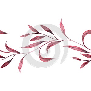 Monochrome burgundy twigs with leaves. Seamless border pattern isolated on white background. Hand drawn watercolor
