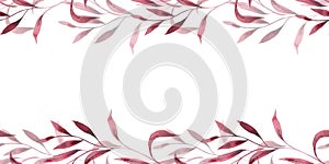 Monochrome burgundy twigs with leaves. Seamless pattern frame, banner isolated on white background. Hand drawn