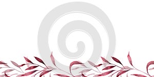 Monochrome burgundy twigs with leaves. Seamless pattern frame, banner isolated on white background. Hand drawn