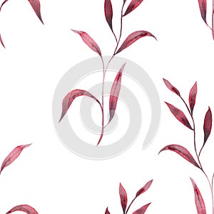 Monochrome burgundy twigs with leaves. Seamless pattern on a white background. Hand drawn watercolor illustration. For