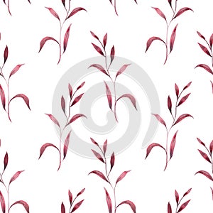 Monochrome burgundy twigs with leaves. Seamless pattern on a white background. Hand drawn watercolor illustration. For