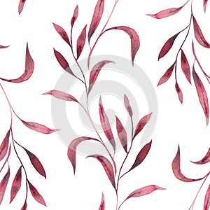 Monochrome burgundy twigs with leaves. Seamless pattern on a white background. Hand drawn watercolor illustration. For