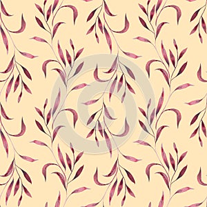 Monochrome burgundy twigs with leaves. Seamless pattern on a yellow background. Hand drawn watercolor illustration. For