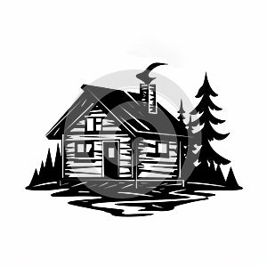 Monochrome Cabin Logo With Old Tree And Logs