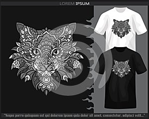 Monochrome cat head mandala arts isolated on black and white t shirt