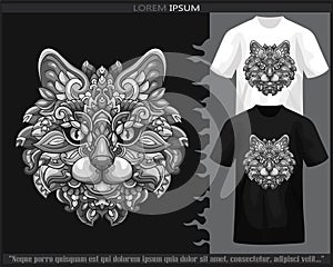 Monochrome cat head mandala arts isolated on black and white t shirt