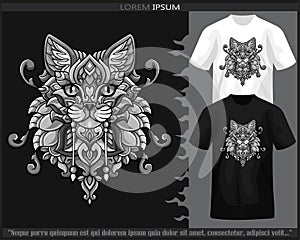 Monochrome Cat head mandala arts isolated on black and white t shirt