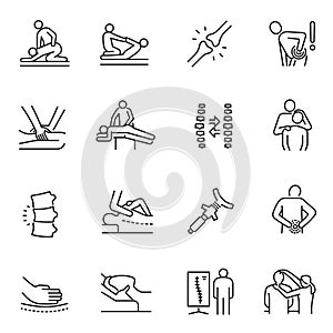 Monochrome chiropractic icon set vector physical injury or chronic disease massage treatment