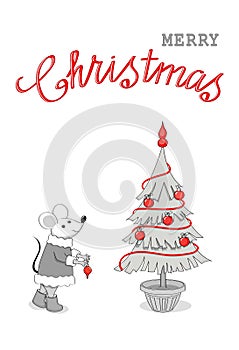 Monochrome Christmas card with cartoon mouse decorating fir-tree
