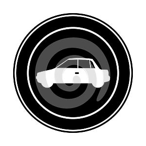 monochrome circular frame with automobile in side view