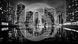 Monochrome Cityscape at Night With Skyline Reflections