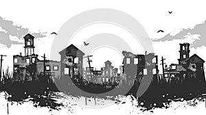 Monochrome cityscape ruins sketch, abandoned buildings, flying birds, grunge texture