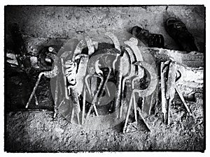 Monochrome close up of Tools of skilful alabaster craftsman, Egypt