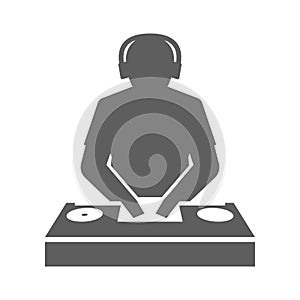 Monochrome club dj behind console mixing music icon vector illustration disk jockey in headphones