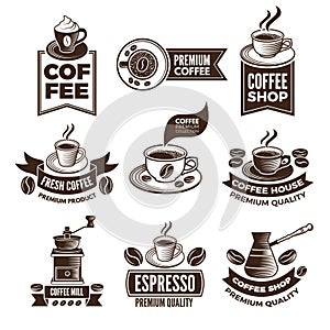 Monochrome coffee labels in retro style. Vector illustrations set with place for your text