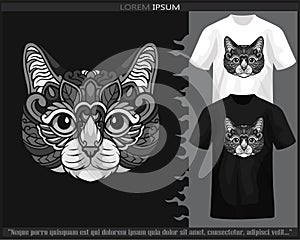 Monochrome color cat head mandala arts isolated on black and white t shirt