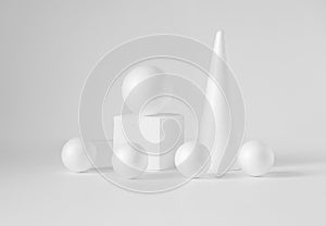 Monochrome composition of various 3d geometric shapes. White balls of different sizes, cube, cone, on an isolated