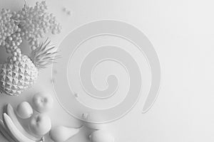 Monochrome composition of white figure of fruits on a white background. Banner with copy space for text. A set of food on the top