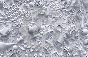 Monochrome composition of white relief figures of different foods and drinks on a white background. 3D panel with a set of food in