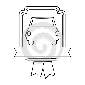 monochrome contour of automobile front in heraldic frame with ribbon