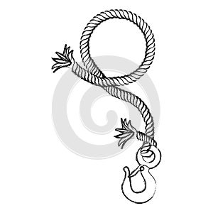 monochrome contour hand drawing of nautical break rope with metal hook