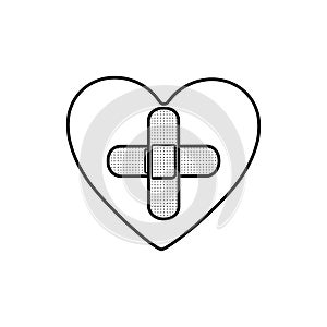 monochrome contour of heart with band aid in cross form