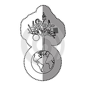 monochrome contour sticker of world with tree of knowledge