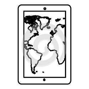 monochrome contour tablet in vertical position and world map wallpaper