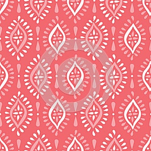 Monochrome Coral Boho Handdrawn Diamonds Vector Seamless Pattern. White and Pink Elegant Ethnic Traditional Background