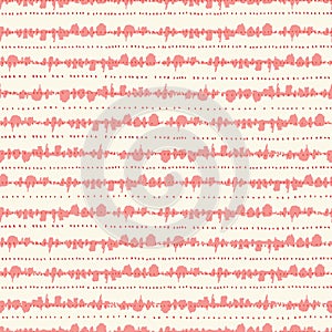 Monochrome Coral Tie-Dye Shibori Horizontal Stripes and Dots on Cream Background Vector Seamless Pattern