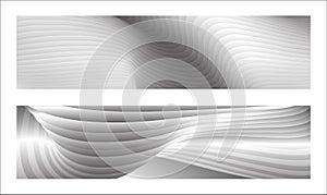 Monochrome cover design, abstract background. Wavy silver parallel gradient lines, ribbons, silk. Set of 2 backgrounds