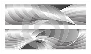 Monochrome cover design, abstract background. Wavy silver parallel gradient lines, ribbons, silk. Set of 2 backgrounds