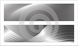 Monochrome cover design, abstract background. Wavy silver parallel gradient lines, ribbons, silk. Set of 2 backgrounds