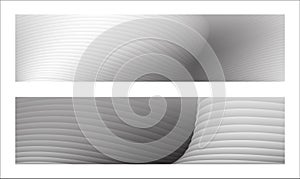 Monochrome cover design, abstract background. Wavy silver parallel gradient lines, ribbons, silk. Set of 2 backgrounds