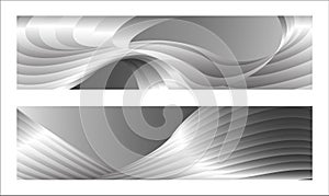 Monochrome cover design, abstract background. Wavy silver parallel gradient lines, ribbons, silk. Set of 2 backgrounds