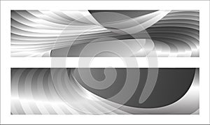 Monochrome cover design, abstract background. Wavy silver parallel gradient lines, ribbons, silk. Set of 2 backgrounds