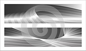 Monochrome cover design, abstract background. Wavy silver parallel gradient lines, ribbons, silk. Set of 2 backgrounds