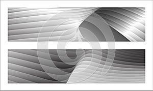 Monochrome cover design, abstract background. Wavy silver parallel gradient lines, ribbons, silk. Set of 2 backgrounds