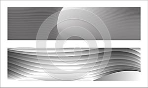 Monochrome cover design, abstract background. Wavy silver parallel gradient lines, ribbons, silk. Set of 2 backgrounds