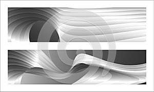 Monochrome cover design, abstract background. Wavy silver parallel gradient lines, ribbons, silk. Set of 2 backgrounds