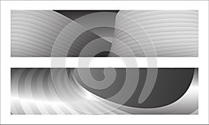 Monochrome cover design, abstract background. Wavy silver parallel gradient lines, ribbons, silk. Set of 2 backgrounds