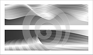 Monochrome cover design, abstract background. Wavy silver parallel gradient lines, ribbons, silk. Set of 2 backgrounds