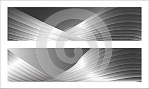 Monochrome cover design, abstract background. Wavy silver parallel gradient lines, ribbons, silk. Set of 2 backgrounds